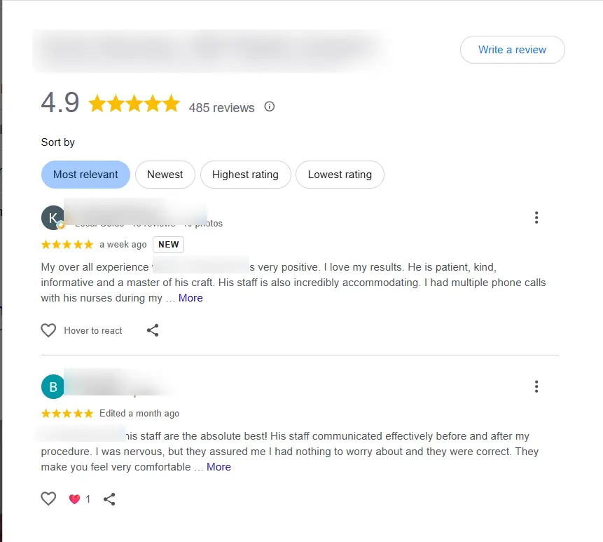 Anonymized review profile showing a 4.9 rating from 485 reviews